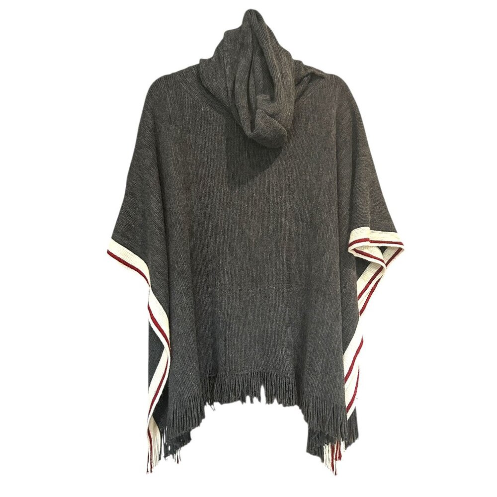 DKR Cottage Collection Hooded Knit Poncho Red White Striped Fringe One Size - Picture 2 of 4